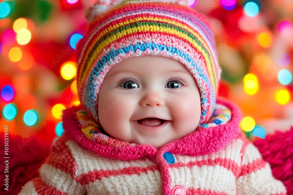 Smiling baby in a colorful striped hat surrounded by glowing Christmas lights capturing joy warmth and the magical spirit of early childhood in a festive indoor setting Smiling baby in a colorful striped hat surrounded by glowing Christmas lights capturing joy warmth and the magical spirit of early childhood in a festive indoor setting