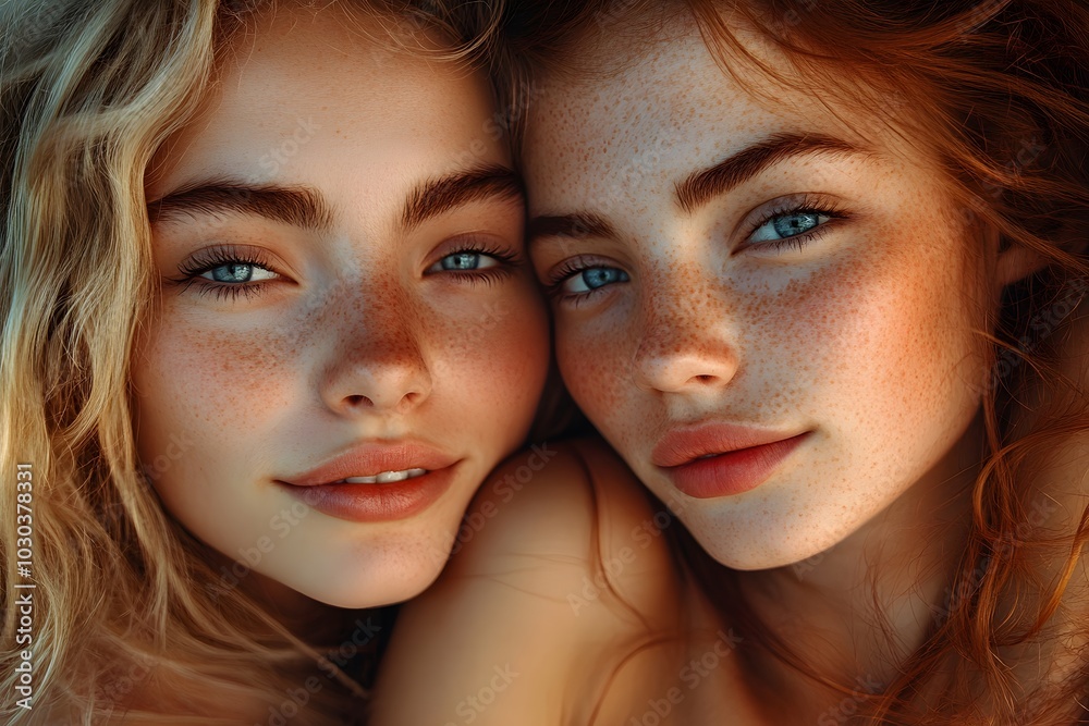 Young friends embracing closely with serene expressions Young friends embracing closely with serene expressions