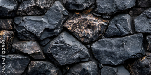 Dark rock wall with rough, natural textures and uneven stone arrangement. Ideal as a background for architectural projects, design textures, or visual compositions requiring a raw, rustic look