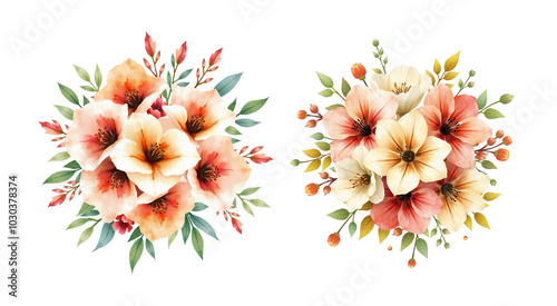 grand opening floral arrangement bouquet, big flowers with willow leaves, on white background, stylized watercolor, brush stroke