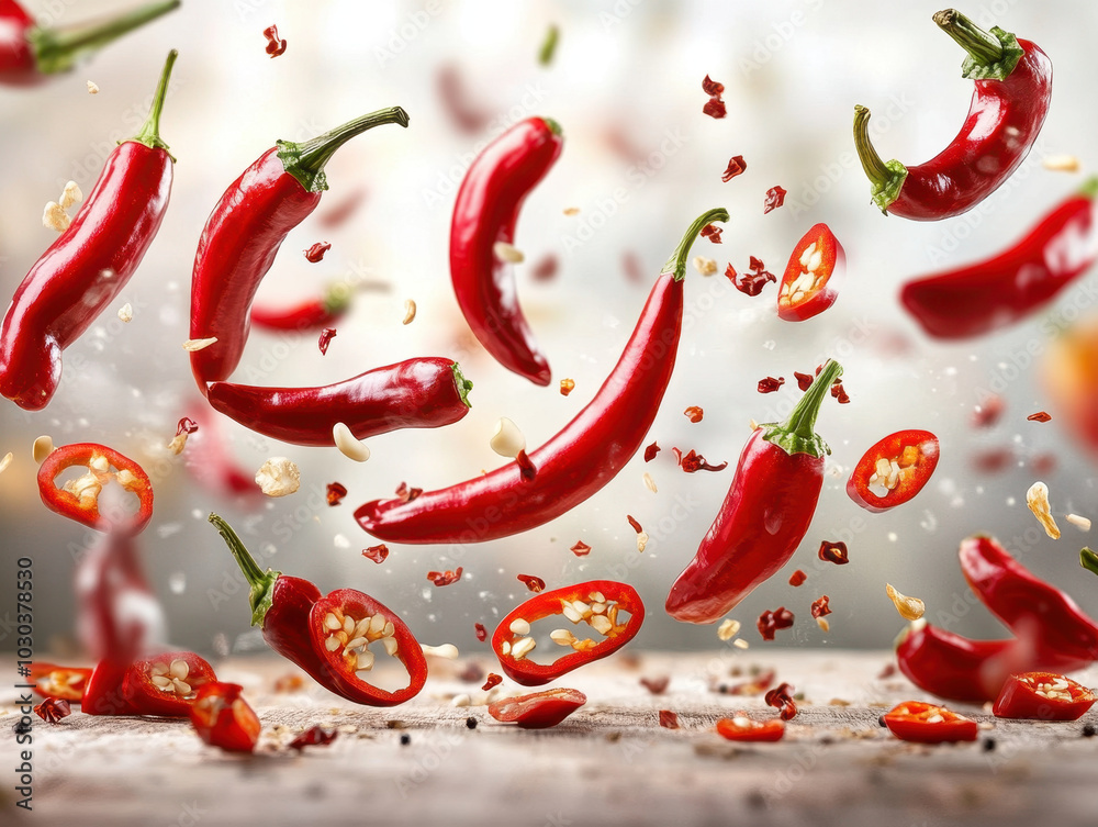 Vibrant red chili peppers dancing in mid-air with a sprinkle of spices in a rustic kitchen Vibrant red chili peppers dancing in mid-air with a sprinkle of spices in a rustic kitchen