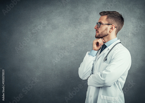 Side view of a young doctor in a white coat and glasses, deep in thought against a gray background, captured in a high-resolution professional photo with studio lighting.