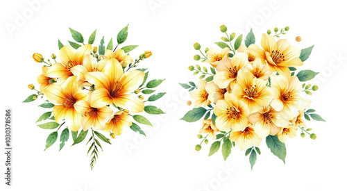 romantic anniversary bouquet with light yellow, big mixed flowers and split-leaf leaves, isolated on white, simple brush strokes, stylized ink photo