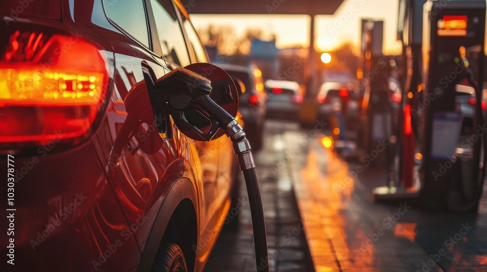Car fueling up at a busy gas station. Car Refueling, Gas Station, Urban Environment Car fueling up at a busy gas station. Car Refueling, Gas Station, Urban Environment