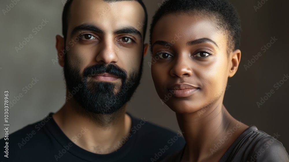 Young interracial couple stands together, gazing ahead with a neutral expression, showcasing love and togetherness in a portrait of unity and harmony Young interracial couple stands together, gazing ahead with a neutral expression, showcasing love and togetherness in a portrait of unity and harmony