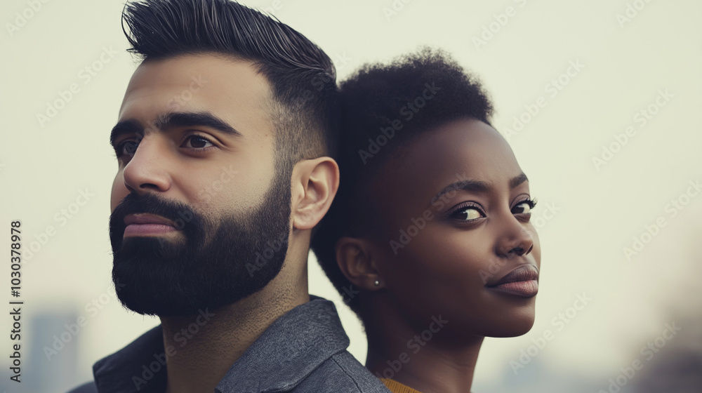 Young couple stands back to back, looking away with calm expressions, showcasing unity and trust in an urban setting Young couple stands back to back, looking away with calm expressions, showcasing unity and trust in an urban setting