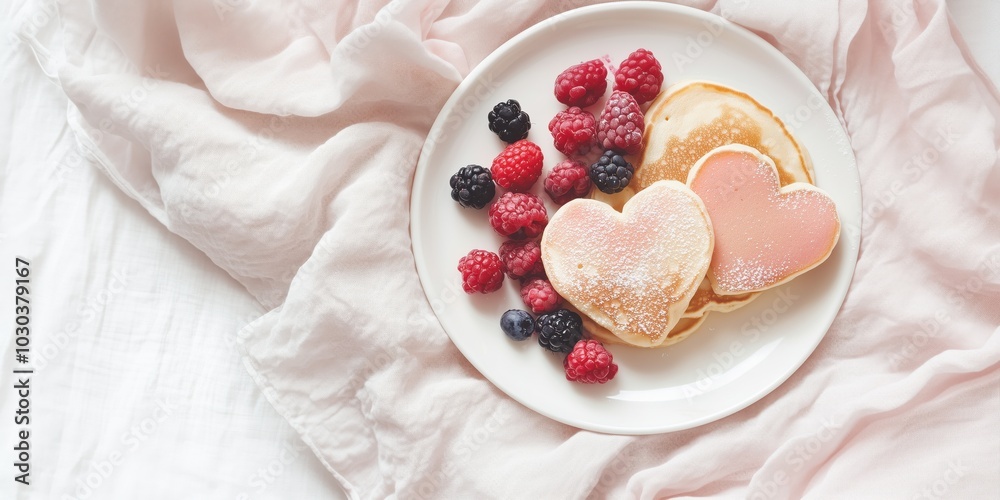 Valentine's Day breakfast in bed with heart-shaped pancakes and fresh berries Valentine's Day breakfast in bed with heart-shaped pancakes and fresh berries