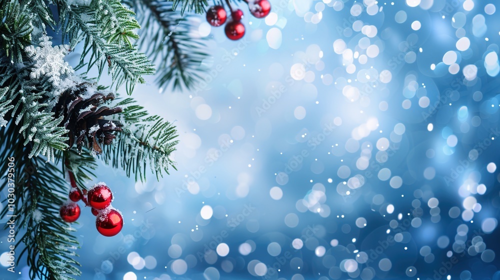 Christmas ornaments in blue and gold with pine branches and snow, creating a festive and elegant holiday atmosphere. Christmas ornaments in blue and gold with pine branches and snow, creating a festive and elegant holiday atmosphere.