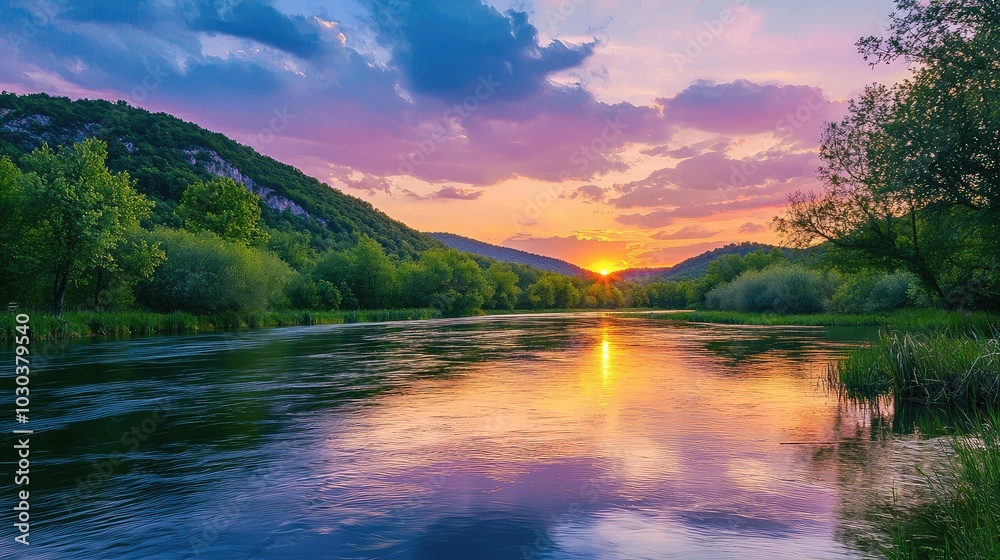 Serene Sunset Over Mountain River Landscape Serene Sunset Over Mountain River Landscape