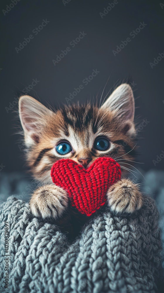 Cute kitten peeks over a grey blanket holding a red heart, perfect for valentine's day. The fluffy cat with blue eyes radiates warmth and coziness against a neutral background Cute kitten peeks over a grey blanket holding a red heart, perfect for valentine's day. The fluffy cat with blue eyes radiates warmth and coziness against a neutral background