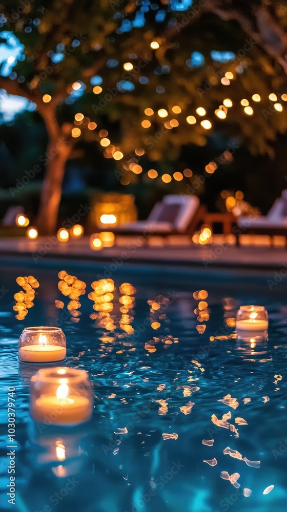 Captivating Night Scene with Floating Candles in Pool Captivating Night Scene with Floating Candles in Pool
