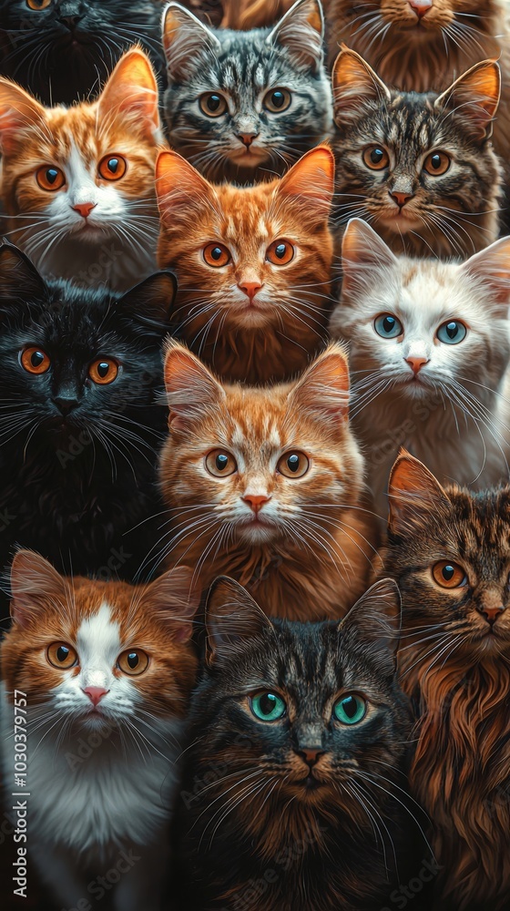 Diverse group of cats with unique colors and patterns sit together, hopeful and longing for a loving home. Fluffy kittens and majestic felines ready to offer love and companionship Diverse group of cats with unique colors and patterns sit together, hopeful and longing for a loving home. Fluffy kittens and majestic felines ready to offer love and companionship