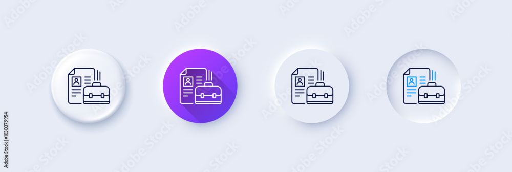 Business case with CV line icon. Neumorphic, Purple gradient, 3d pin buttons. Portfolio symbol. Vacancy or Hiring sign. Line icons. Neumorphic buttons with outline signs. Vector