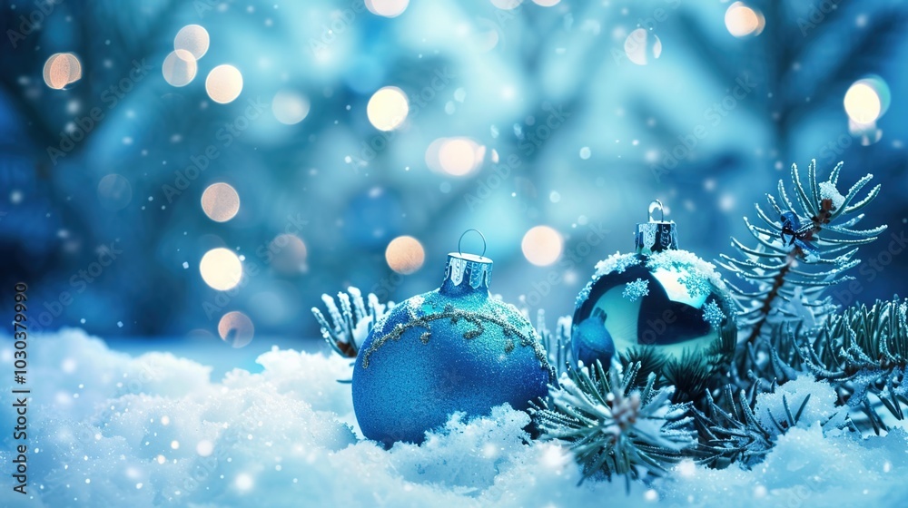 Christmas ornaments in blue and gold with pine branches and snow, creating a festive and elegant holiday atmosphere. Christmas ornaments in blue and gold with pine branches and snow, creating a festive and elegant holiday atmosphere.