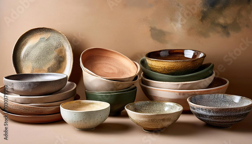 A collection of rustic ceramic bowls and plates in earthy tones