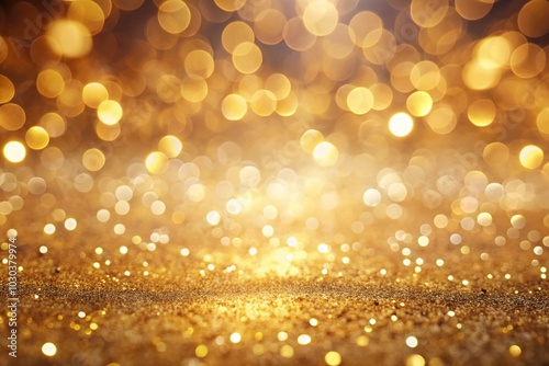 Low angle abstract dreamy glowing background with soft gold bokeh and shimmering lights