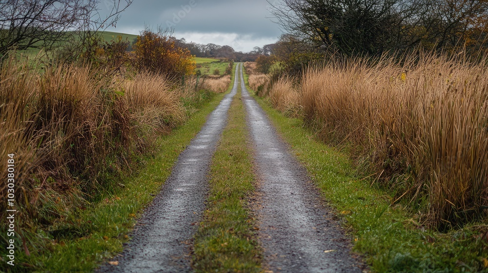 Peaceful Rural Road in a Serene Landscape