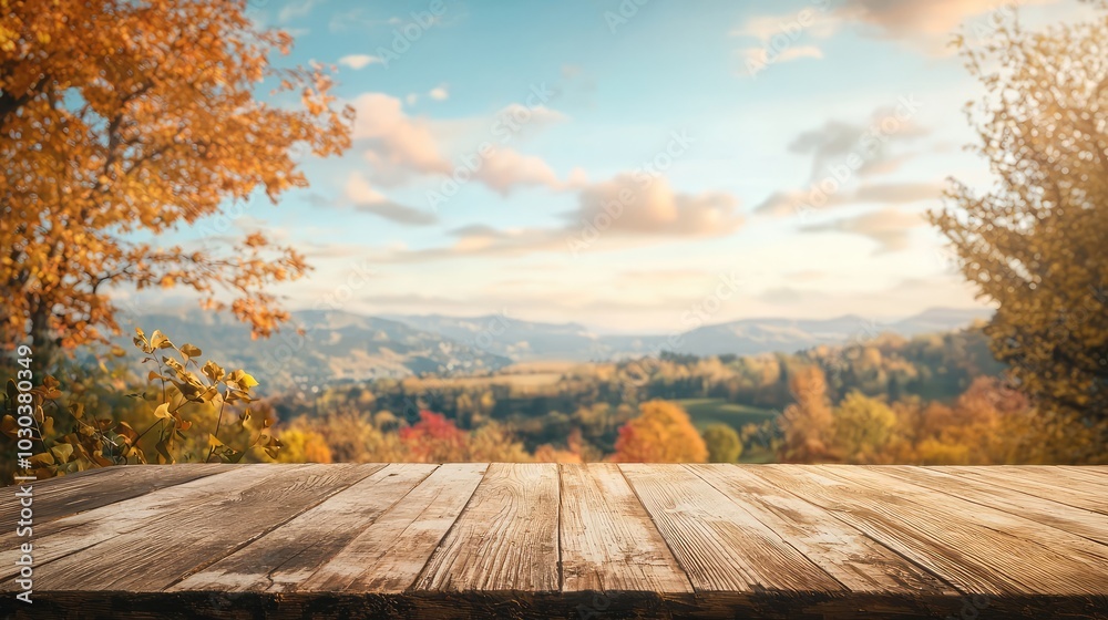 Rustic Wooden Table with Scenic Autumn Background Rustic Wooden Table with Scenic Autumn Background