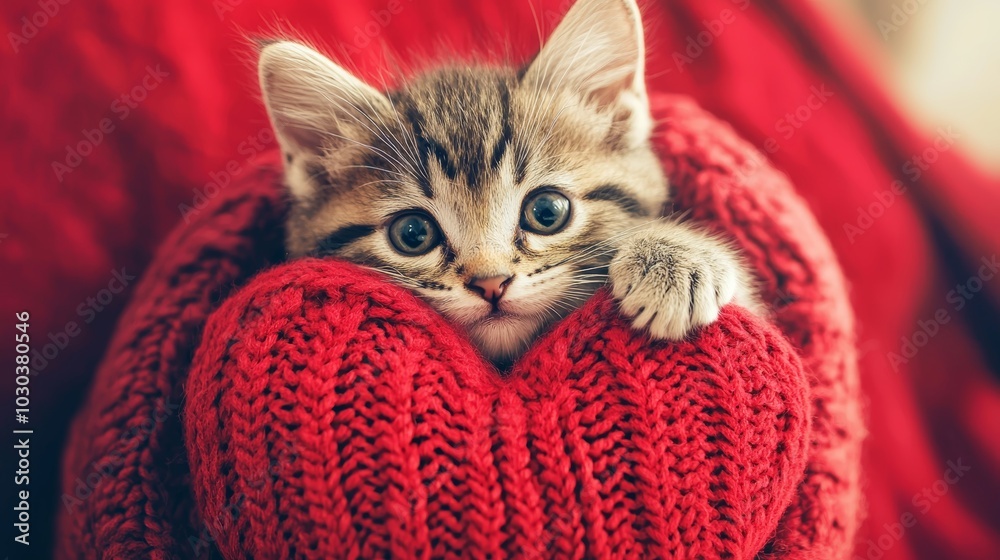 Cute tabby kitten snuggled in a cozy red blanket, radiating love and care. Perfect for a cold winter day or festive holiday. Celebrate love for animals with pet adoption Cute tabby kitten snuggled in a cozy red blanket, radiating love and care. Perfect for a cold winter day or festive holiday. Celebrate love for animals with pet adoption