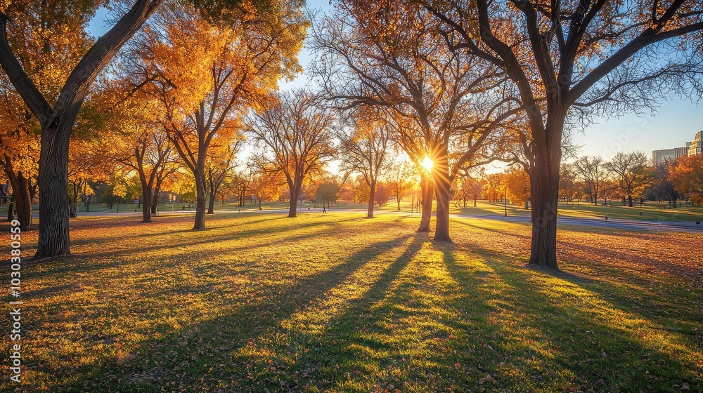Naklejka premium Serene Autumn Park Scene at Sunset