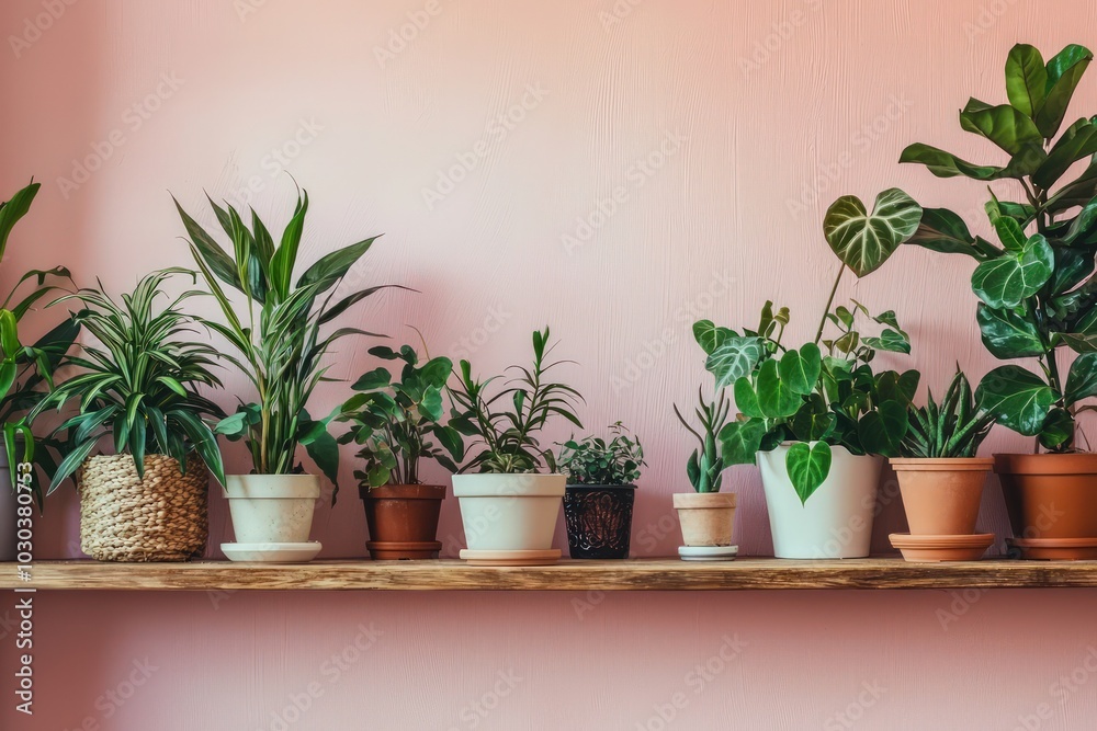 Various plants neatly arranged on a wooden shelf against a pale pink wall. Various plants neatly arranged on a wooden shelf against a pale pink wall.