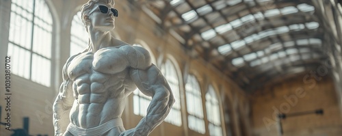 Marble statue of a muscular poser in sunglasses against the spacious gym background. Bodybuilding, fitness and sport concept. Renaissance sculpture art for wallpaper, poster