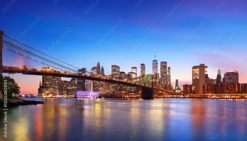 Brooklyn Bridge and Manhattan skyline during twilight, city lights reflecting on water, concept of urban landscapes Brooklyn Bridge and Manhattan skyline during twilight, city lights reflecting on water, concept of urban landscapes