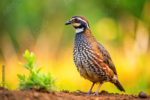 Low angle black breasted quail perching on dirt hill in meadow field, fresh air