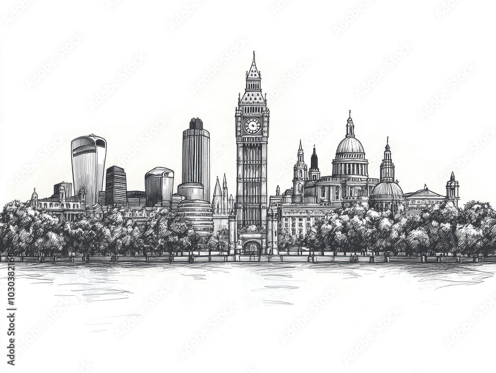 Hand-drawn sketch of London along the Thames River Hand-drawn sketch of London along the Thames River