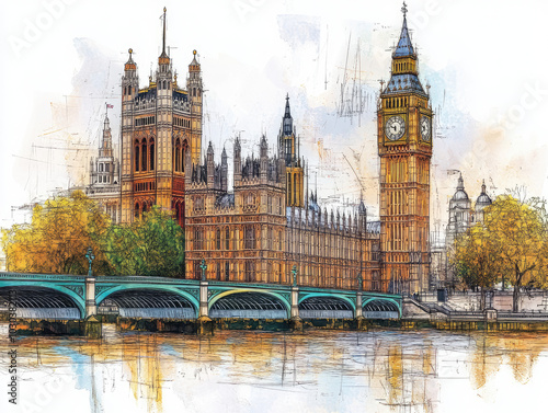 Colorful illustration of London with Big Ben and Westminster Bridge