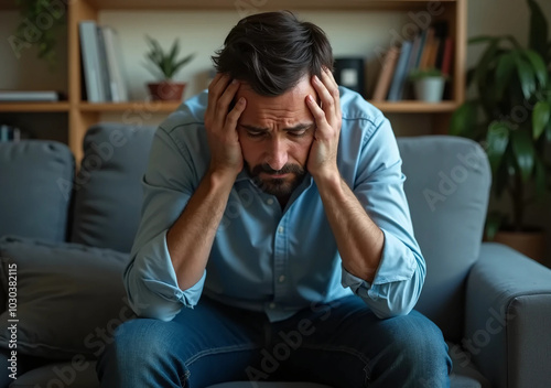 Desperate man holds his head in his hands. Depression, sadness, anxiety and worry.