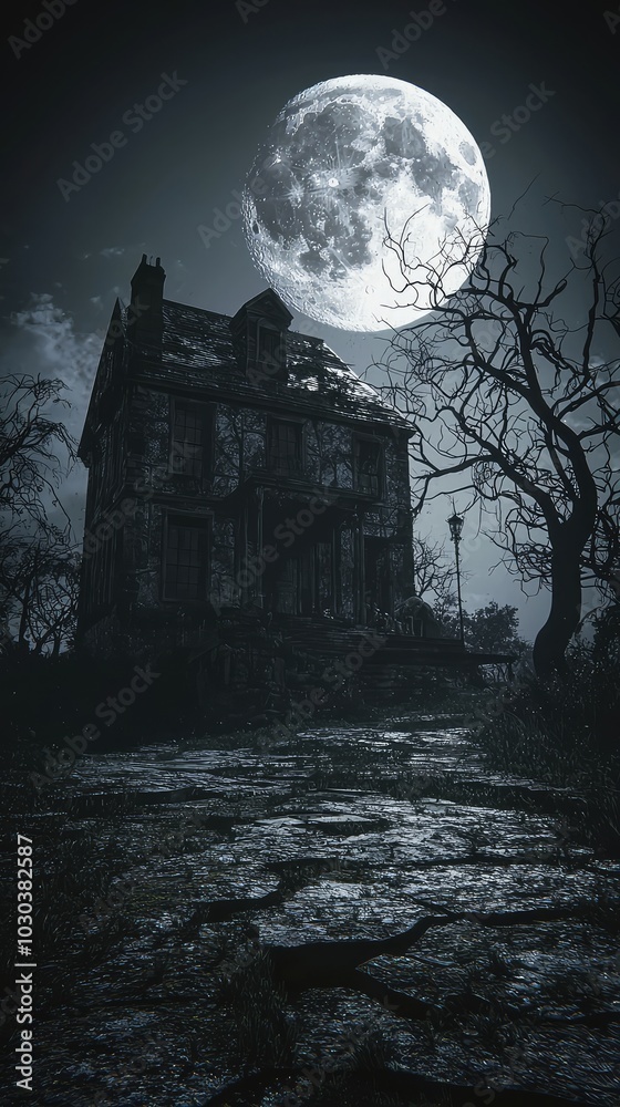 Chilling Haunted House Under Illuminated Full Moon Chilling Haunted House Under Illuminated Full Moon