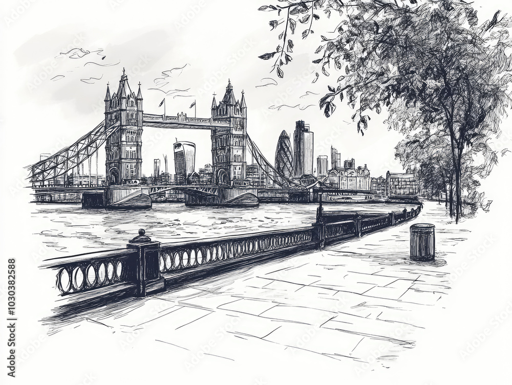 Obraz premium Hand-drawn sketch of London along the Thames River