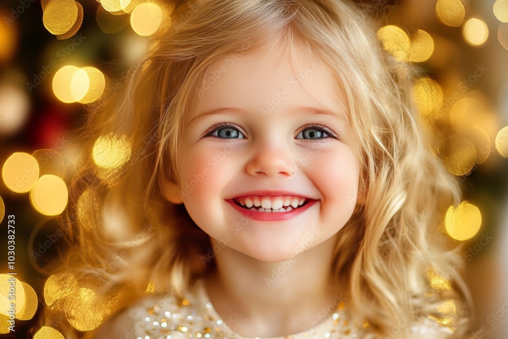 Smiling little girl in a festive setting with glowing lights capturing joy innocence and childhood wonder in a magical warm indoor scene Smiling little girl in a festive setting with glowing lights capturing joy innocence and childhood wonder in a magical warm indoor scene