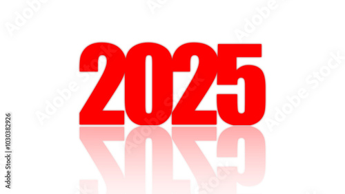 Red text numbers 2025 on a white background with transition and reflection text 2025. Happy New Year 2025! Holiday card.