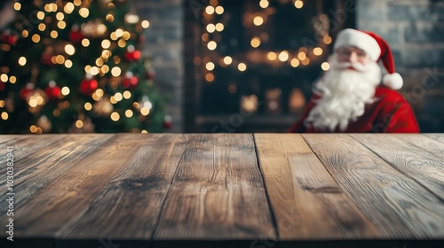 empty wooden table, santa claus with christmas tree