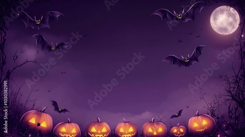 A Halloween night frame with glowing Lanterns at the bottom and bats flying around the top corners, all set against a dark purple sky with a full moon casting eerie light over the scene.