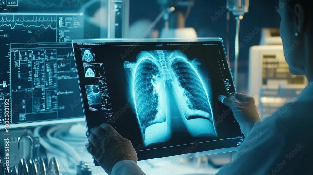 Doctor carefully examines X-ray film of patient's lungs, identifying COVID-19 complications, with medical instruments and charts in the background. Doctor carefully examines X-ray film of patient's lungs, identifying COVID-19 complications, with medical instruments and charts in the background.