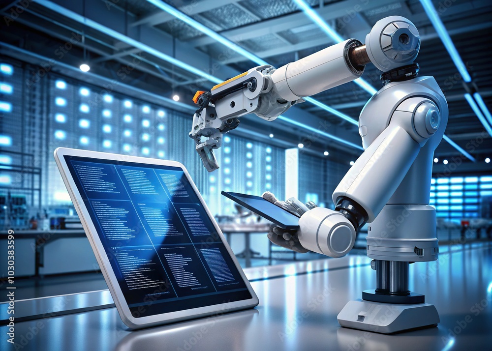 Robot arm holds a tablet with automated test scripts and results on the ...