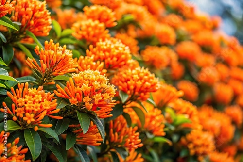 Wide-angle shot of blooming shrub with orange flowers