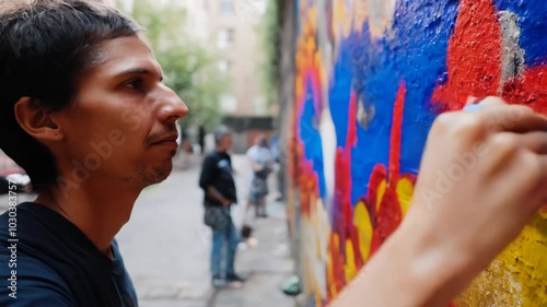 Street Artist Creates Vibrant Mural in Urban Alleyway