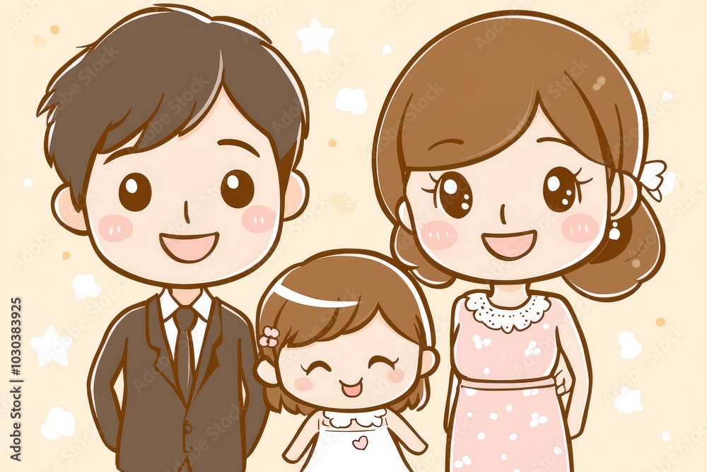 Fototapeta premium Cartoon family of three smiling in a simple pastel colored illustration capturing love happiness and the essence of family in a soft playful design