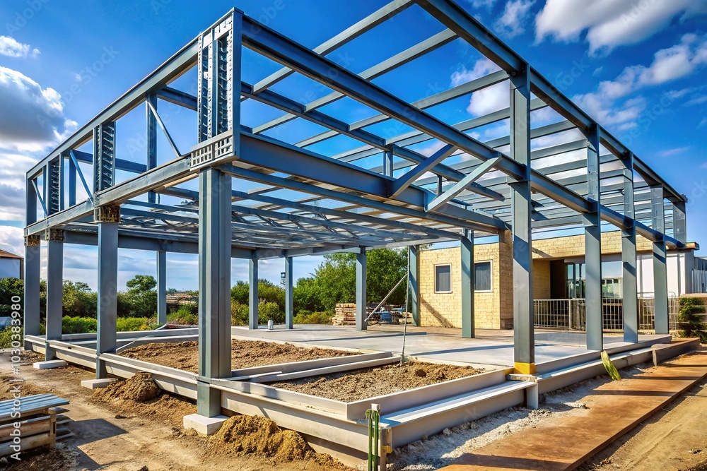 Rugged steel beams support the framework of a modern house under construction, skeletal structure rising from a foundation amidst a sprawling suburban building site landscape. Rugged steel beams support the framework of a modern house under construction, skeletal structure rising from a foundation amidst a sprawling suburban building site landscape.