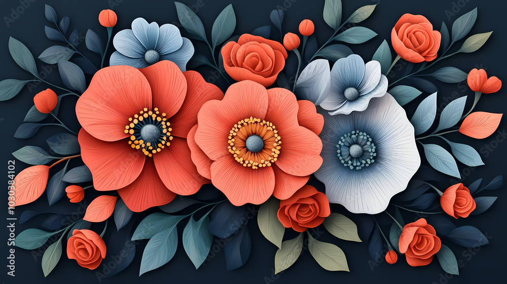 Hand drawn bouquet with flowers 3d vector papercut Hand drawn bouquet with flowers 3d vector papercut
