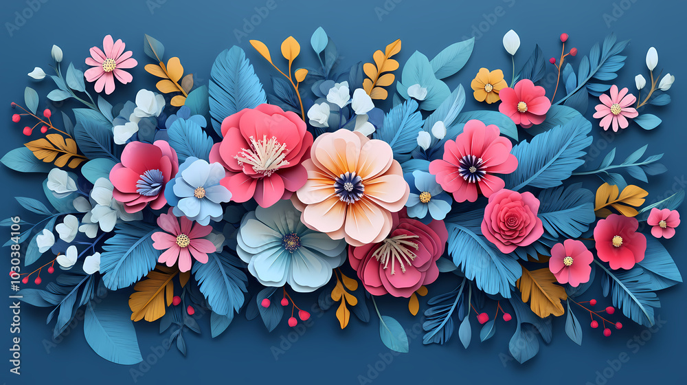 Hand drawn bouquet with flowers 3d vector papercut Hand drawn bouquet with flowers 3d vector papercut