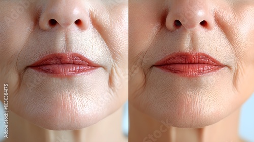 Before-and-after photos of lips, focusing on improved skin around the mouth after filler treatment, wrinkles diminished, Realistic Style, Clean Background photo