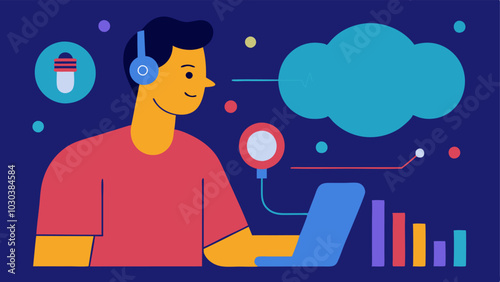 VoiceControlled Instrument An individual using voice commands to control an electronic instrument with sound waves illustrated as they interact with the device.