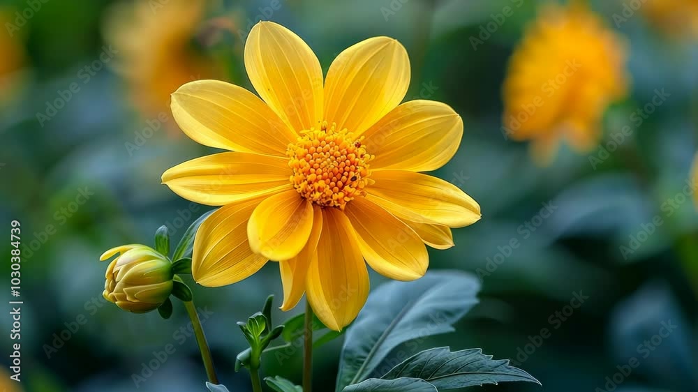 A single yellow flower blooms in a garden surrounded by green leaves