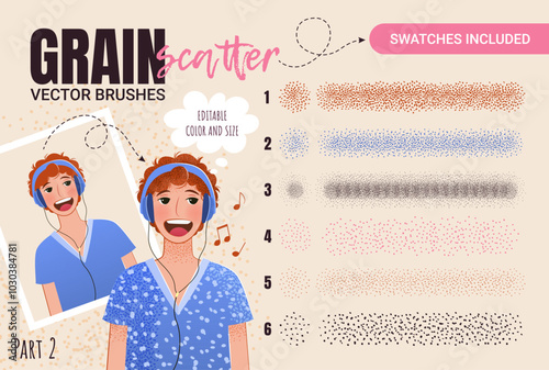 Grain scatter brushes set. Abstract grunge texture. Creative collection with noise effect, splash, halftone. Basic kit and brush strokes. Swatches included. Editable size and color. Vector collection.
