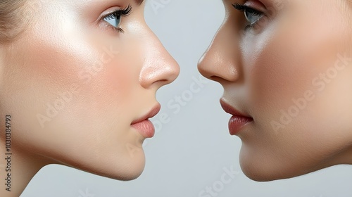 Before-and-after profile view of a rhinoplasty, highlighting the refined nose bridge and tip, crisp close-up, Photorealistic, Soft Lighting, Natural Background